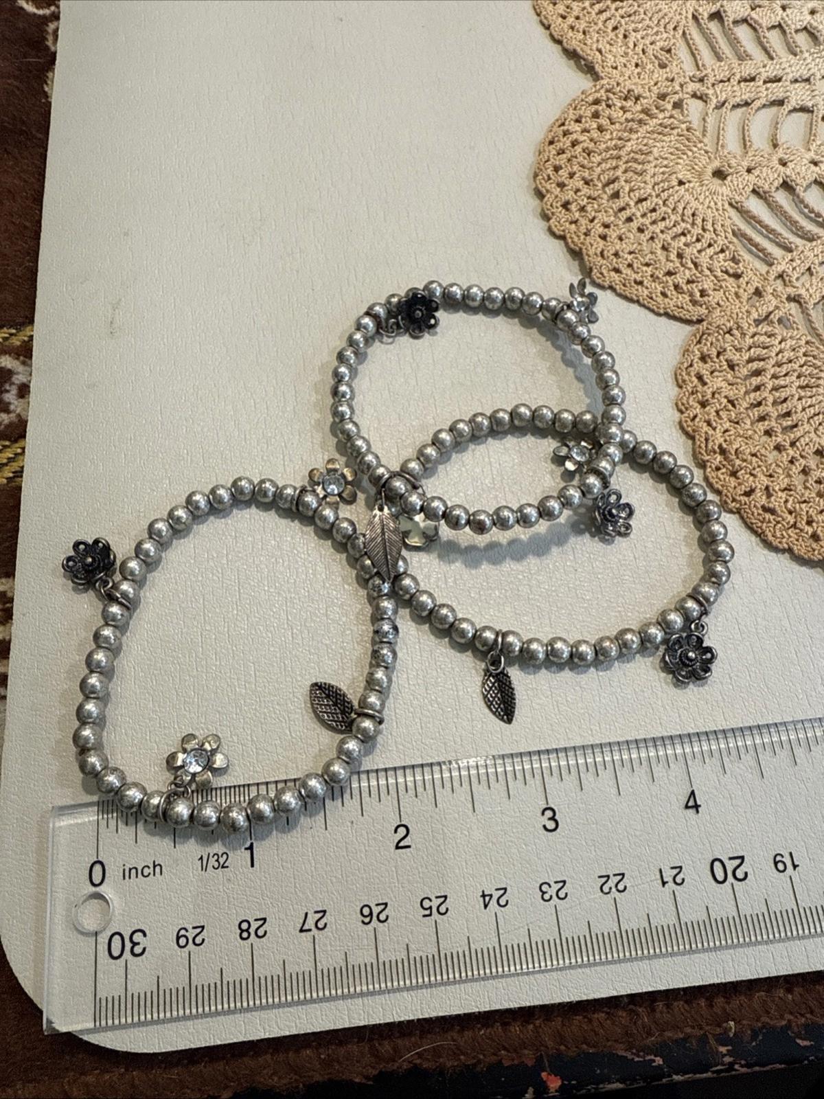 vintage stretch bracelet set Silver Toned Floral Flower And Leaves Rhinestone