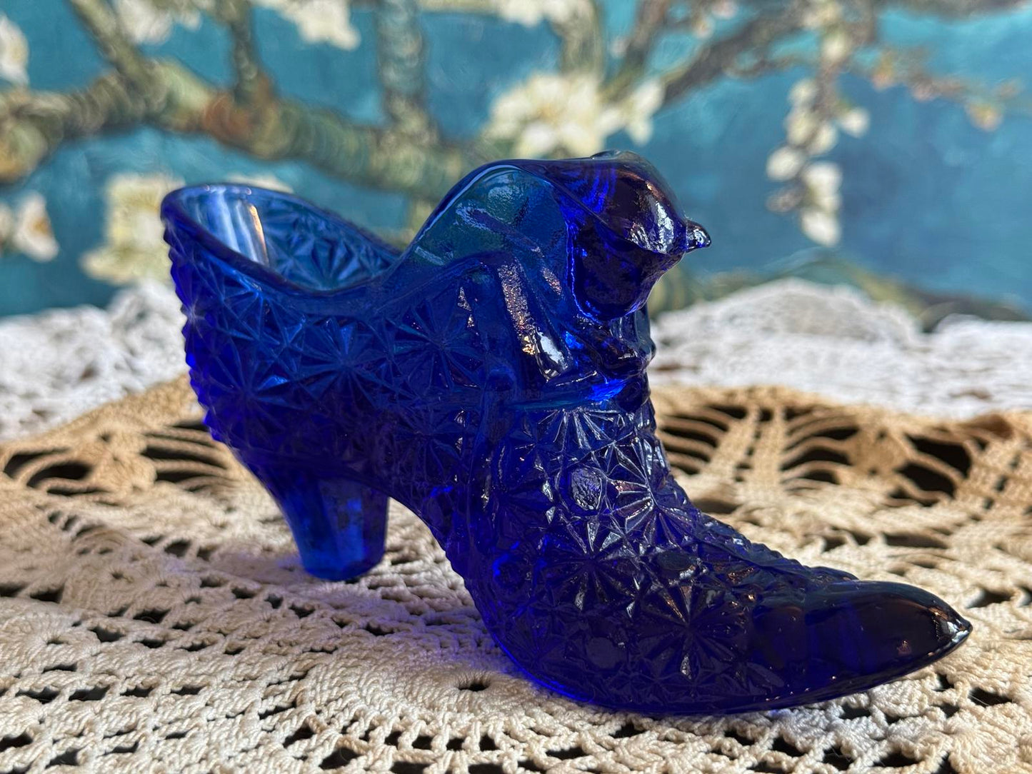 Vintage Fenton Art Glass Cobalt Daisy Button Cat Head Slipper Great condition