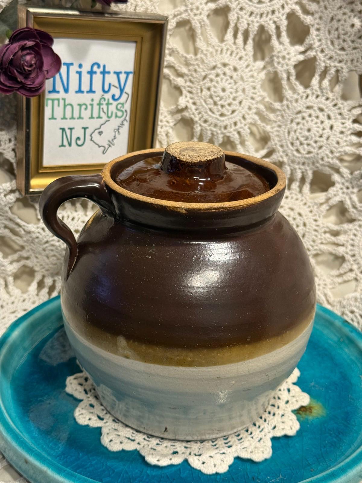 Vintage Bean Pot hand thrown clay pottery two tone with small chips on lid