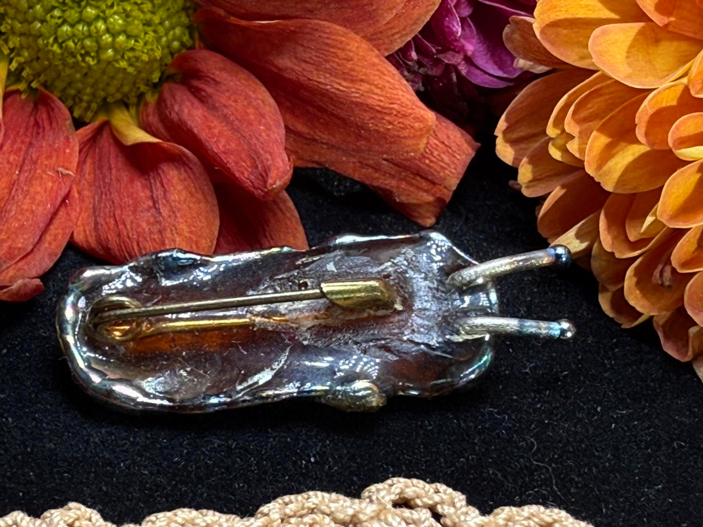 Vintage Slug Brooch Pin patina metal hand made