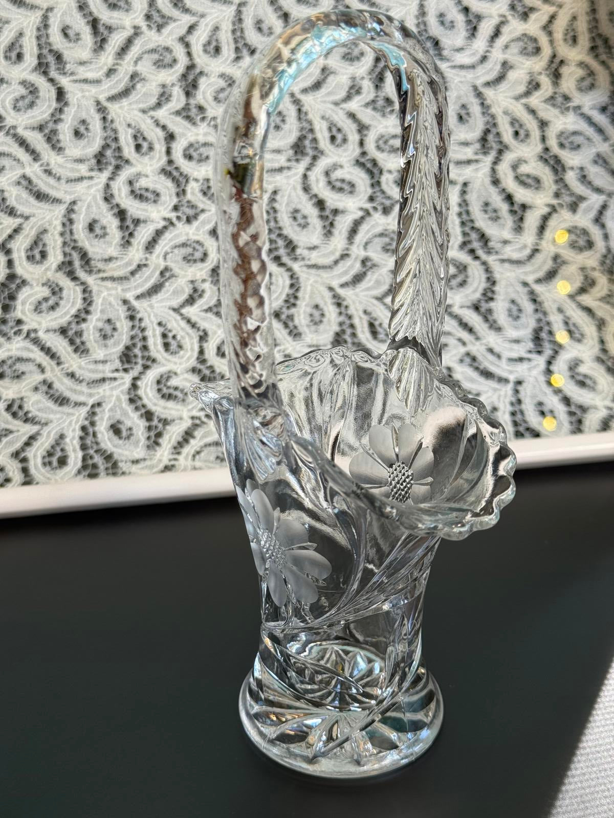 Duncan & Miller Crystal Basket w/ Engraved Flowers circa 1900