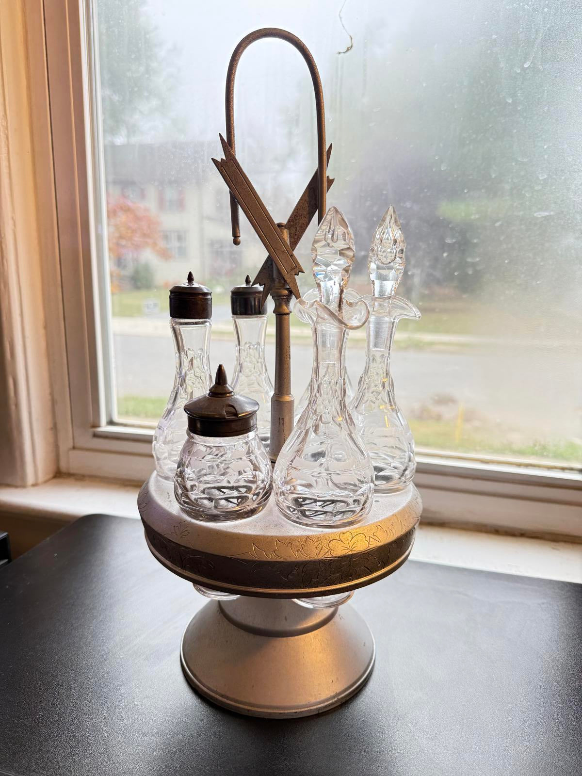 Vintage Glass Condiment Set with Cruets Wilcox Quad Silver plated 1800's