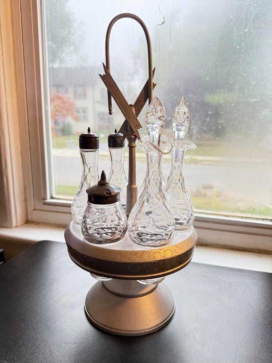 Vintage Glass Condiment Set with Cruets Wilcox Quad Silver plated 1800's