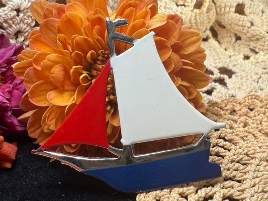 Small Red White & Blue Enamel Patriotic SIlvertone Sailboat Brooch Pin