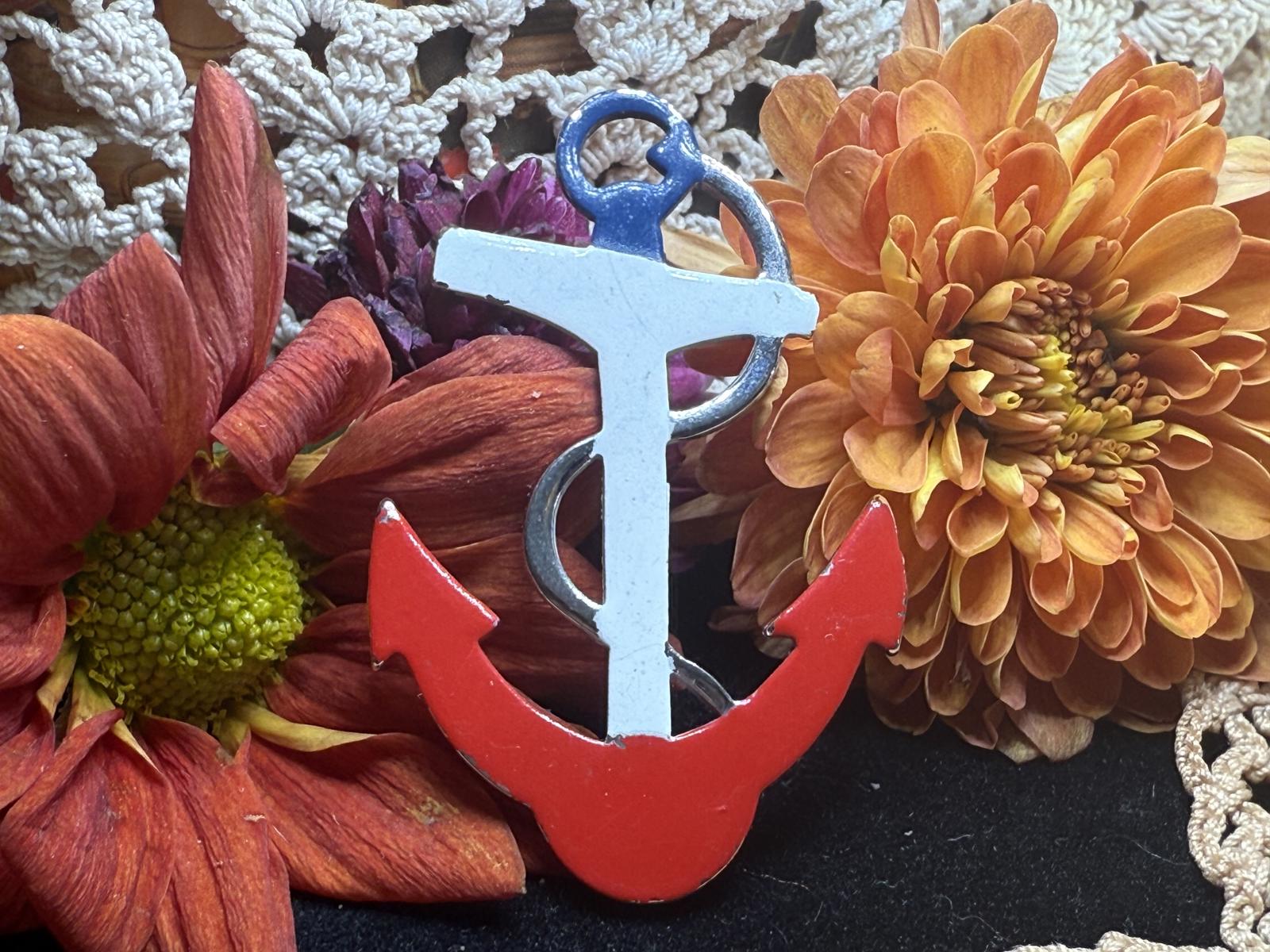 Small Red White & Blue Enamel Patriotic SIlvertone Anchor Brooch Pin