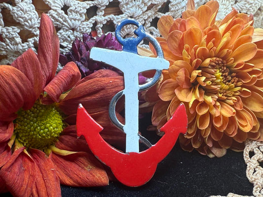 Small Red White & Blue Enamel Patriotic SIlvertone Anchor Brooch Pin
