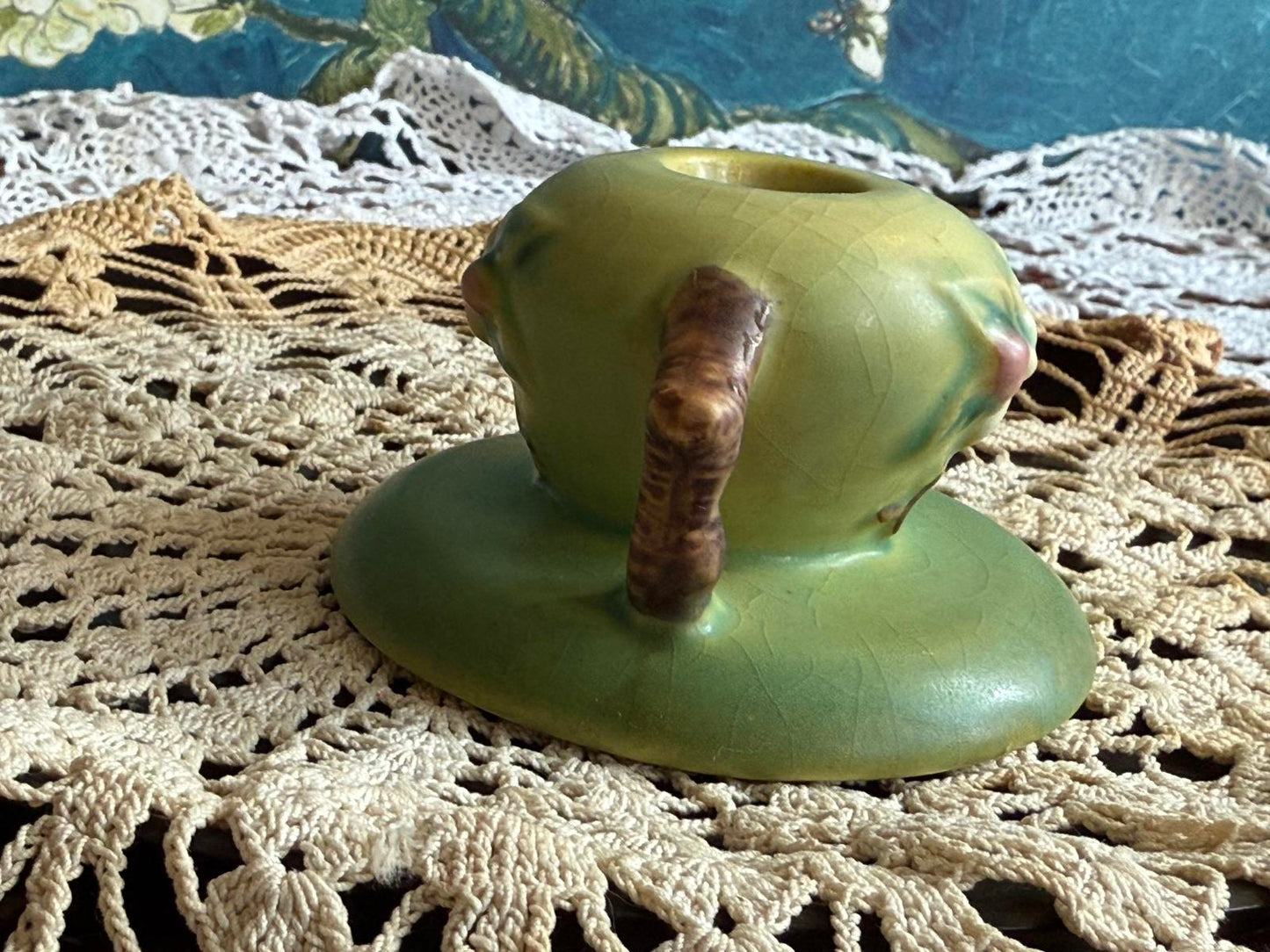 Vintage Roseville Pottery Green Apple Blossom Candle Holder 351 2" Tall USA