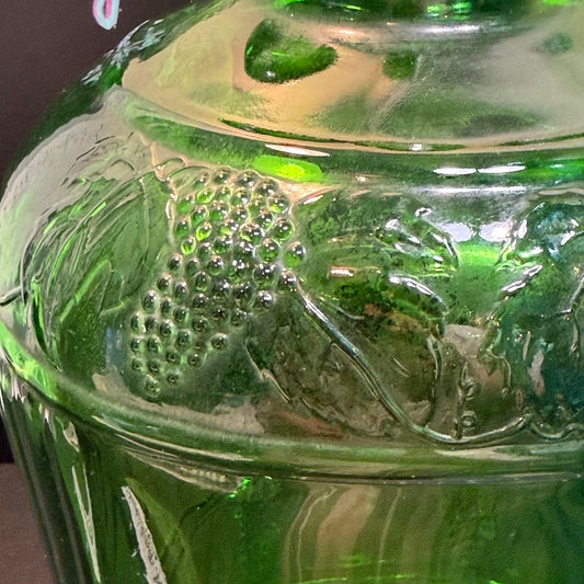 Vintage Green Glass Gallon Wine Jug with Unique round Handles Embossed w. grapes