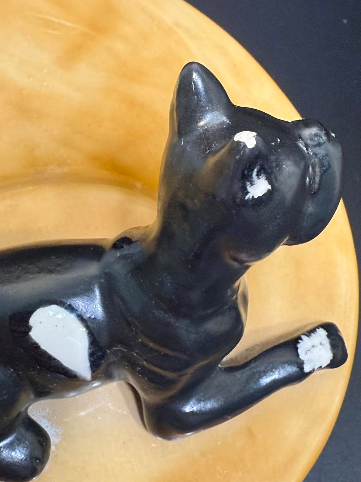 Vintage MCM Dog boxer ash tray ceramic molded yellow and black