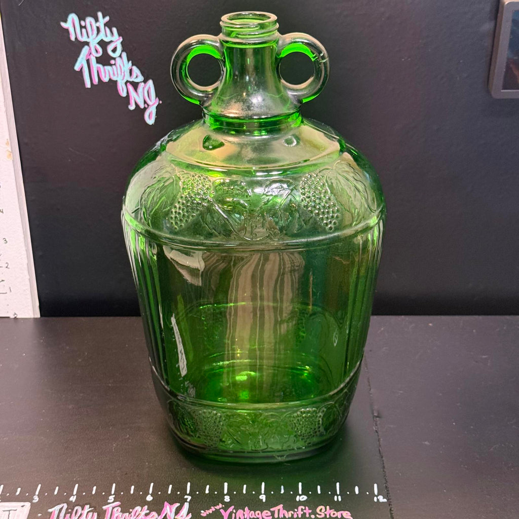 Vintage Green Glass Gallon Wine Jug with Unique round Handles Embossed w. grapes