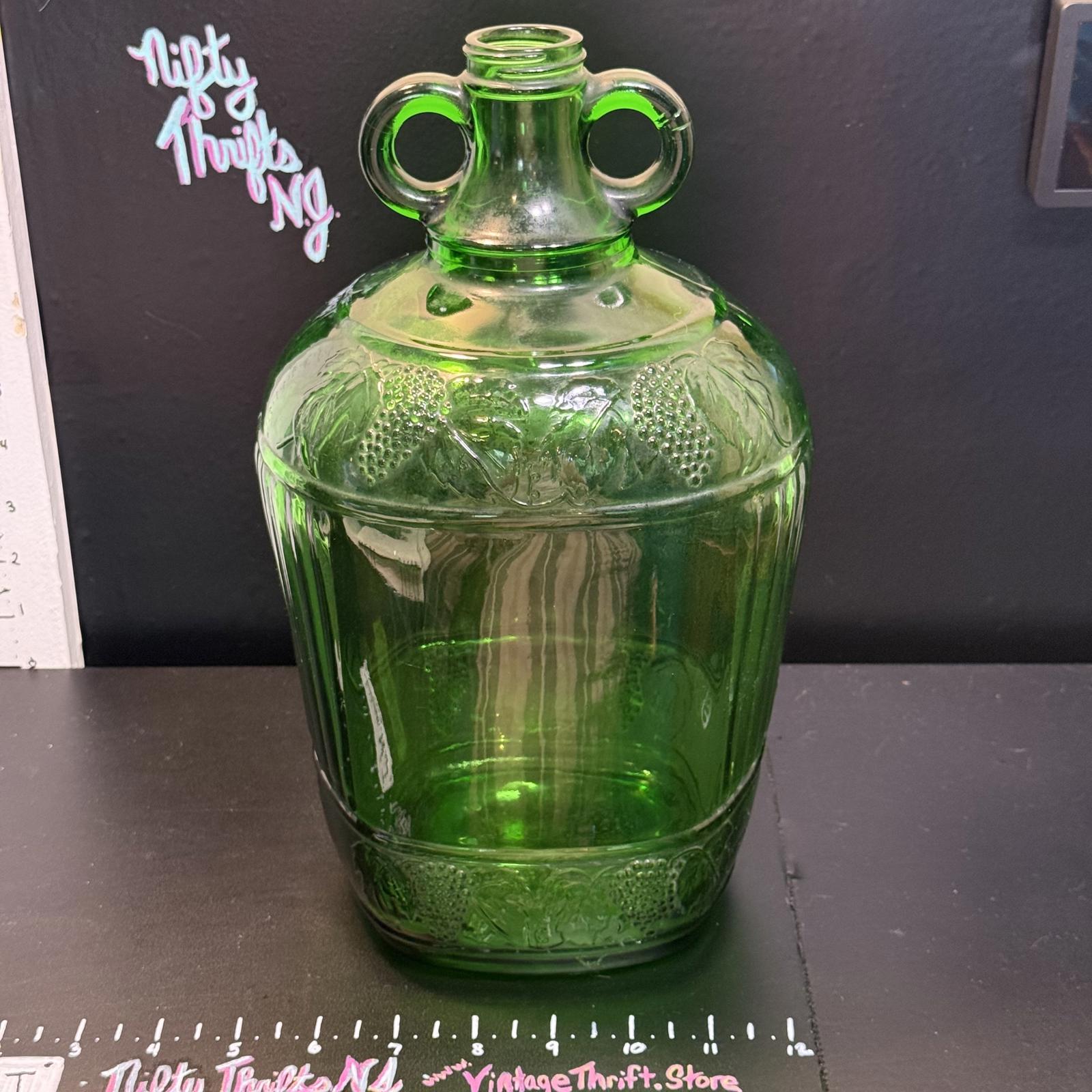 Vintage Green Glass Gallon Wine Jug with Unique round Handles Embossed w. grapes