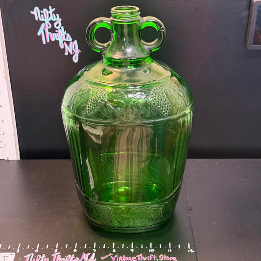 Vintage Green Glass Gallon Wine Jug with Unique round Handles Embossed w. grapes