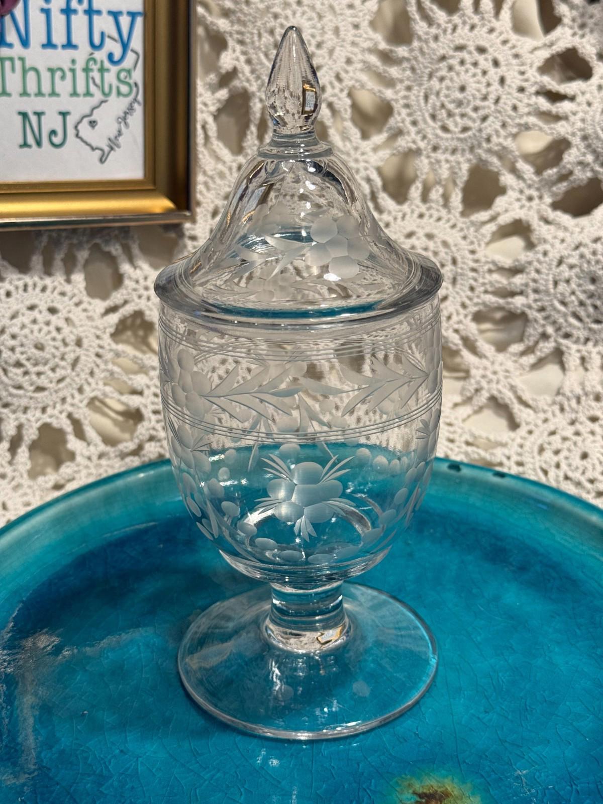 Vintage Etched Clear Glass Floral Pedestal Apothecary Jar Candy Dish w/Lid