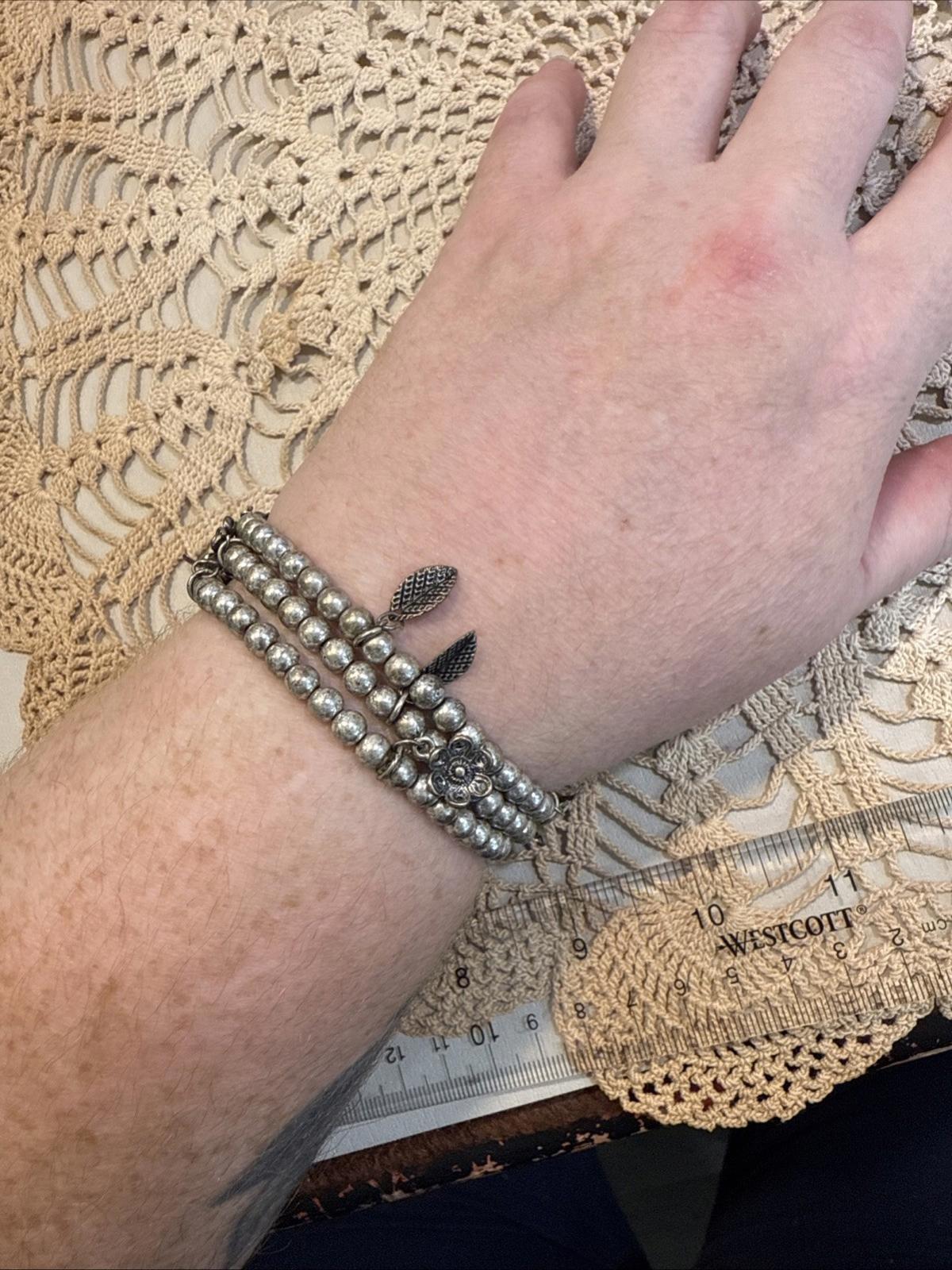 vintage stretch bracelet set Silver Toned Floral Flower And Leaves Rhinestone