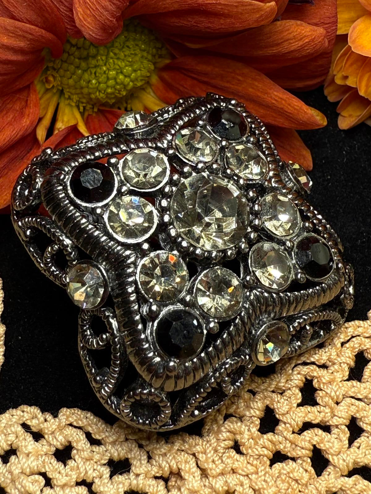 Vintage Premier Designs Signed Brooch/Pin/Pendant Smoky Grey Black Rhinestones