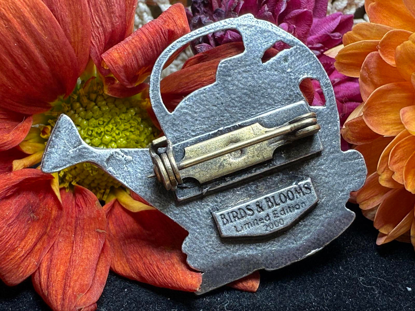 Watering Can Pinback Flowers Spade Birds & Blooms Limited Edition 2000 Pewter