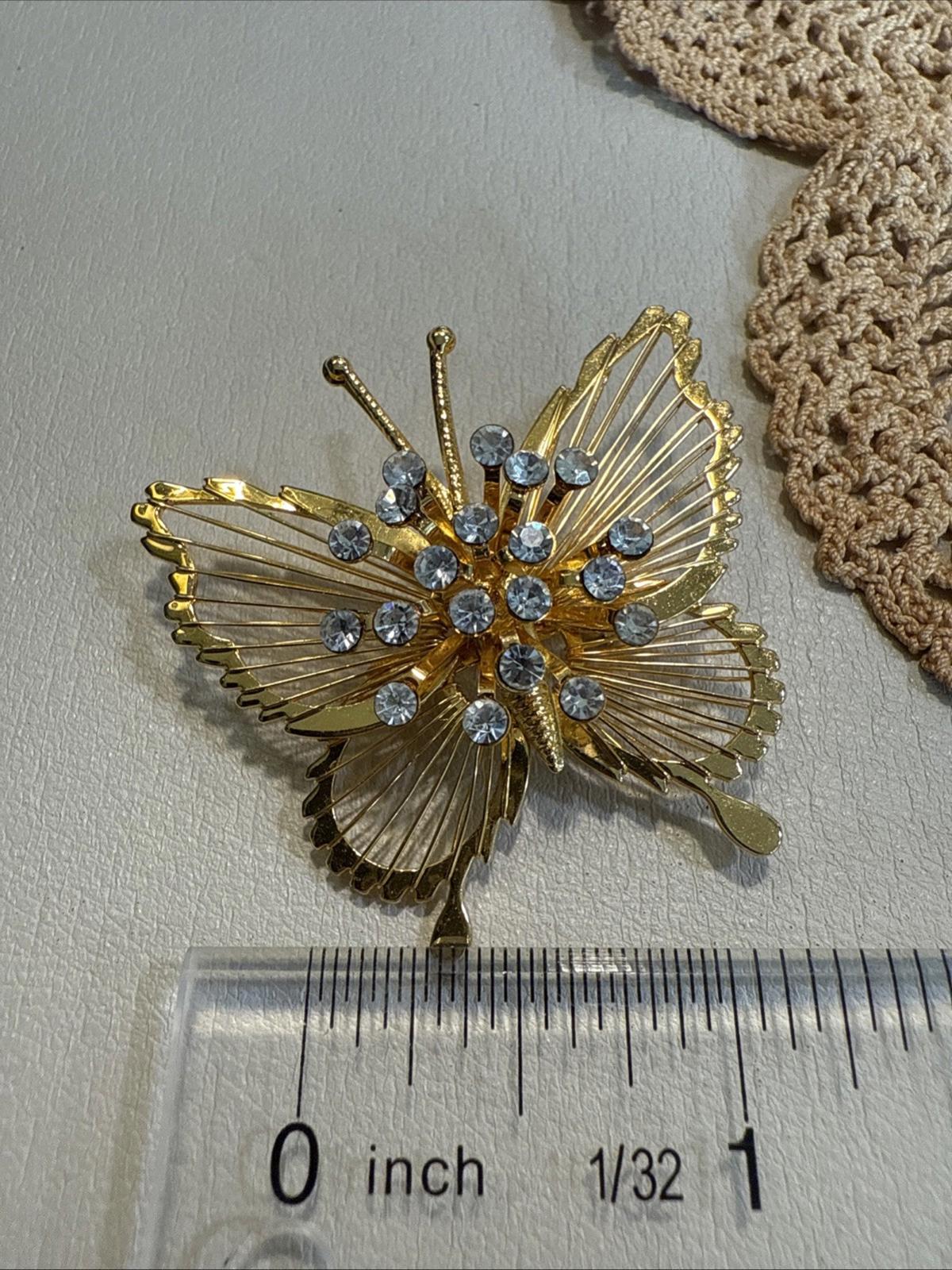 Vintage Monet Brooch Butterfly Signed Rhinestone Gold Tone C Clasp