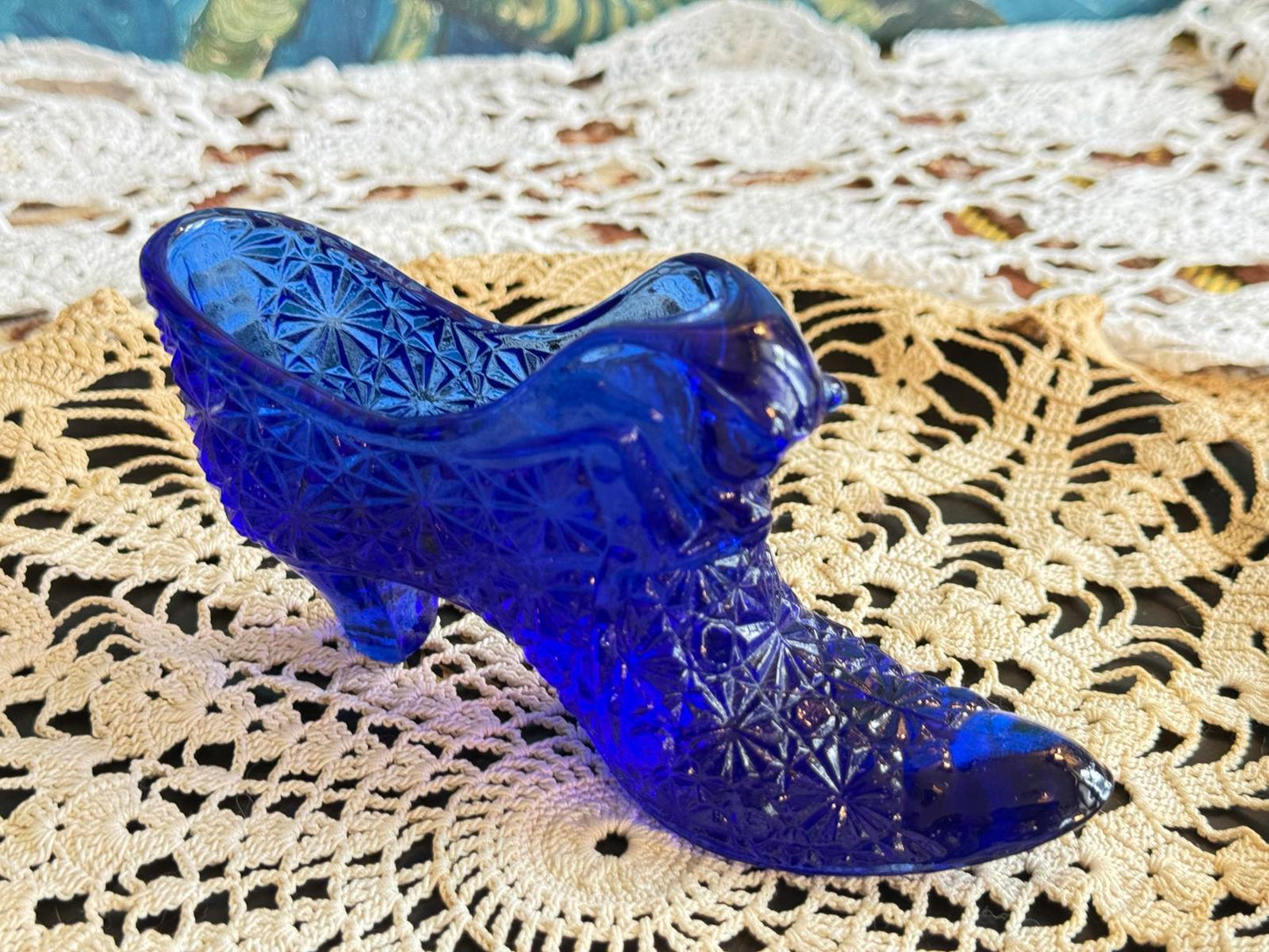 Vintage Fenton Art Glass Cobalt Daisy Button Cat Head Slipper Great condition