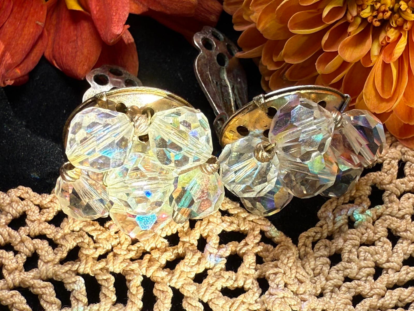 Vintage 1950s Aurora Borealis Crystal Clip Earrings