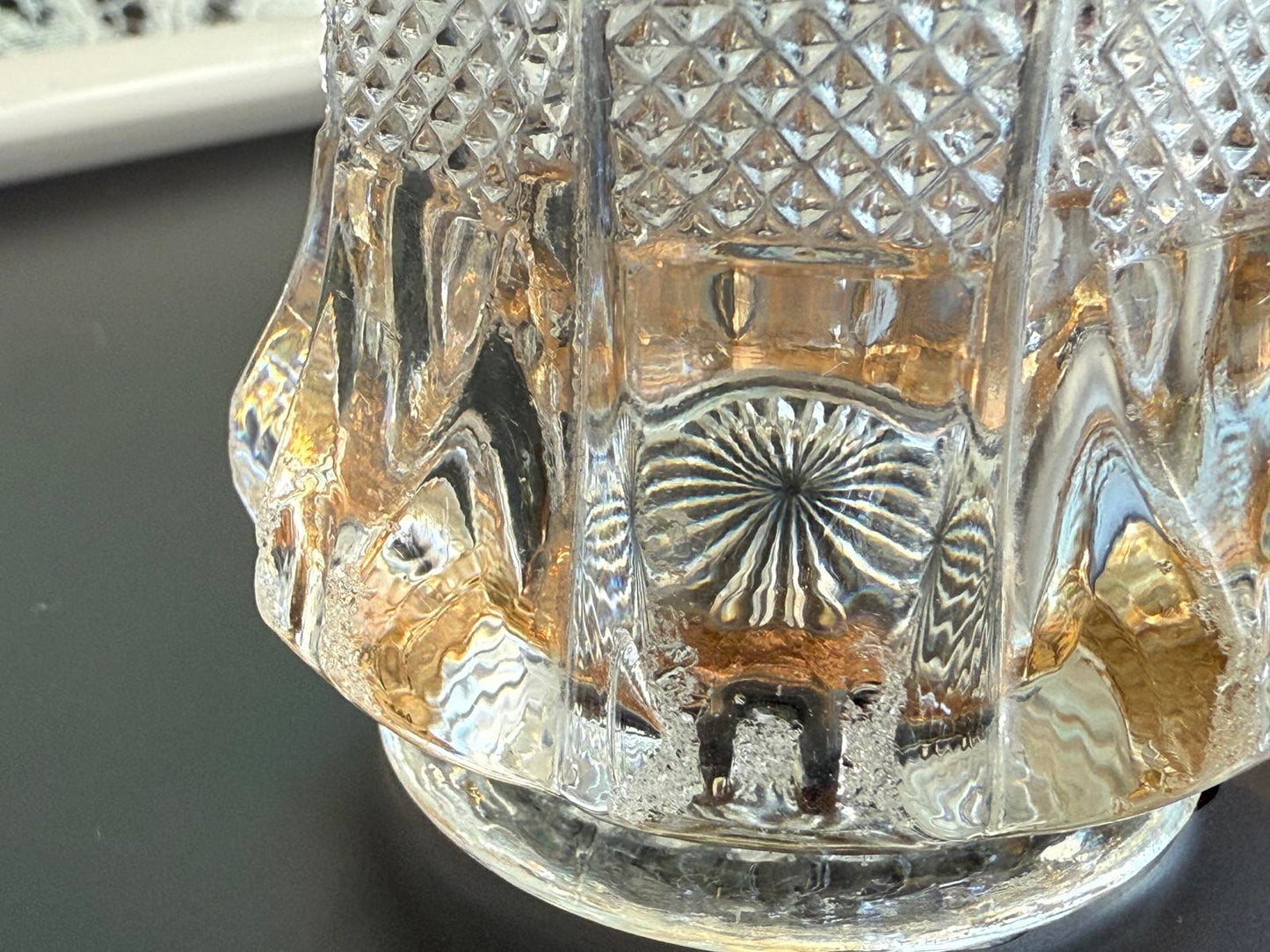 Vintage crystal Pressed glass toothpick holder Scalloped Top Gold Trimmed