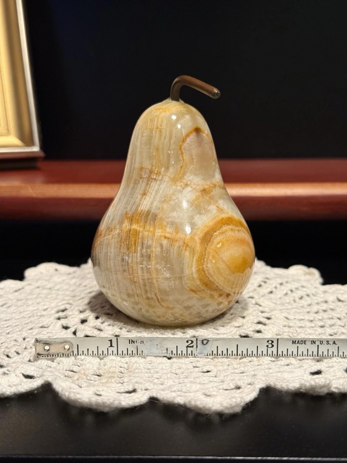 Vintage Onyx Marble Stone Pear Shaped Fruit Paperweight Hand-Carved Polished 4"
