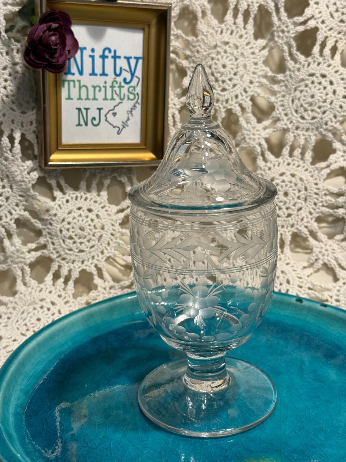 Vintage Etched Clear Glass Floral Pedestal Apothecary Jar Candy Dish w/Lid