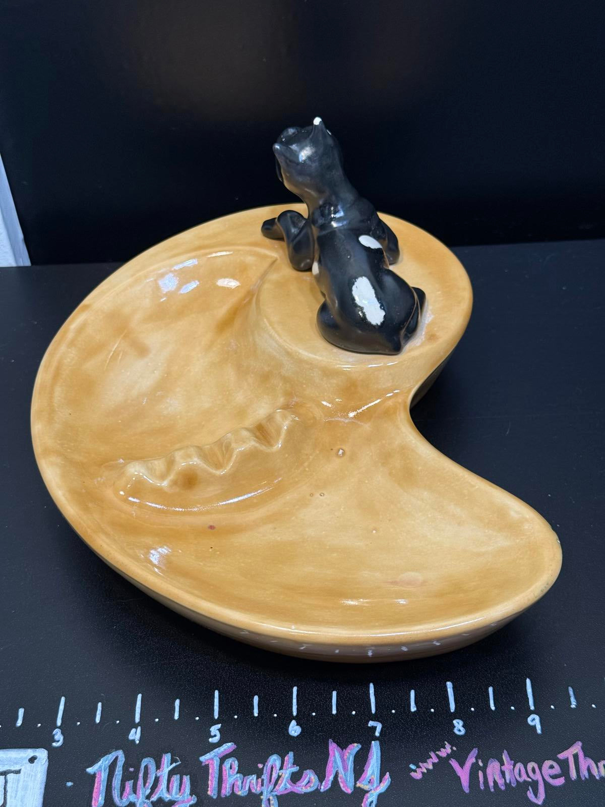 Vintage MCM Dog boxer ash tray ceramic molded yellow and black