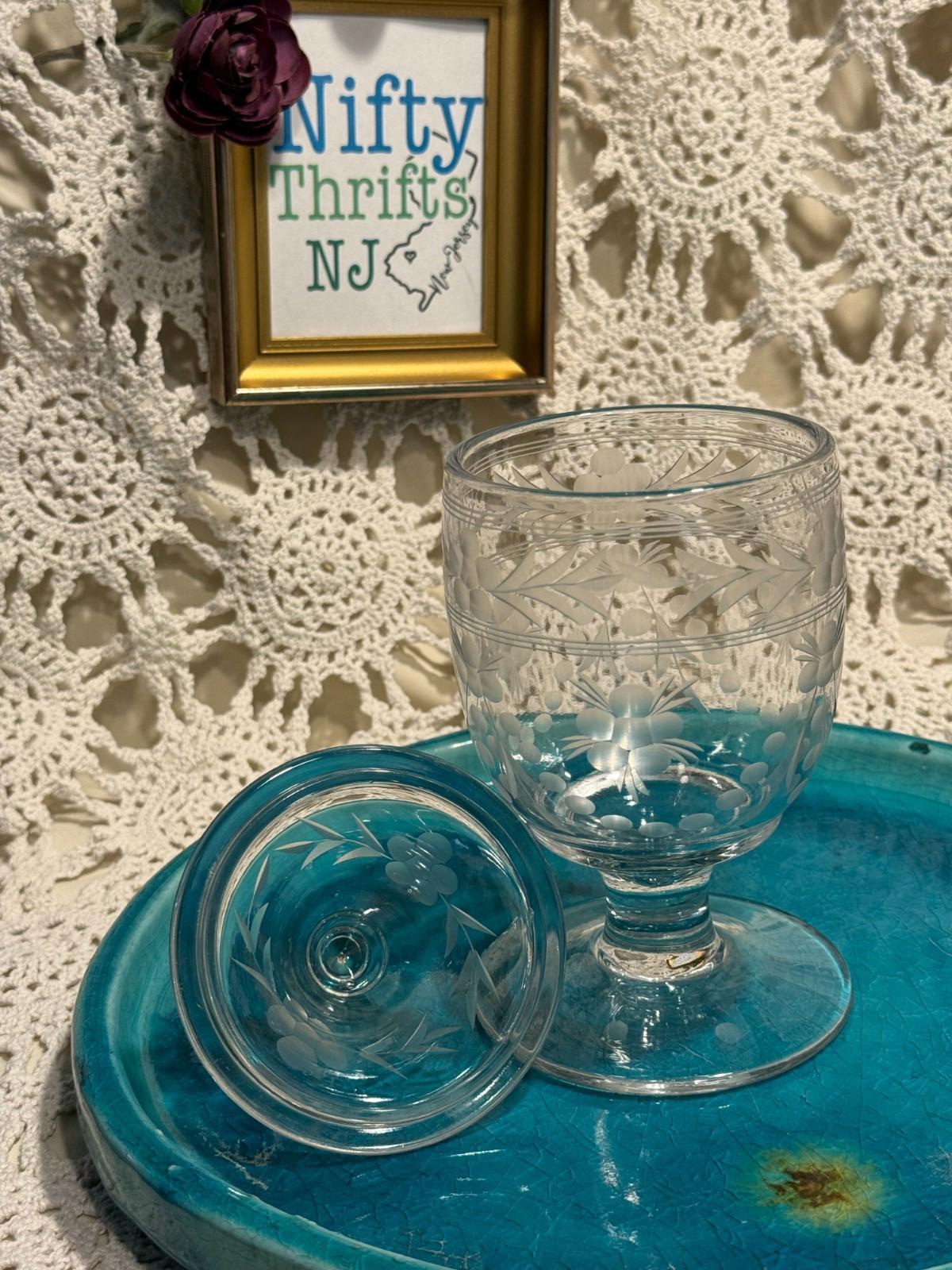 Vintage Etched Clear Glass Floral Pedestal Apothecary Jar Candy Dish w/Lid