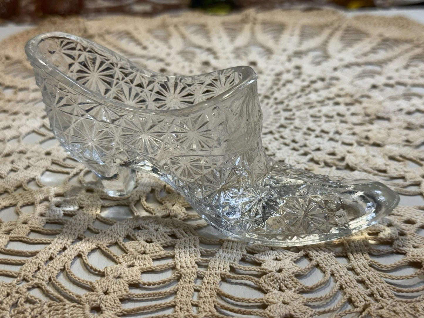 Vintage Victorian Fenton Daisy & Button Clear Glass Shoe Slipper With Bow Front