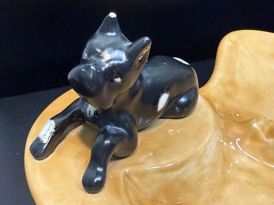Vintage MCM Dog boxer ash tray ceramic molded yellow and black