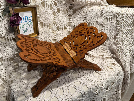 Vintage wooden hand carved book cookbook bible stand made in India sheesham wood