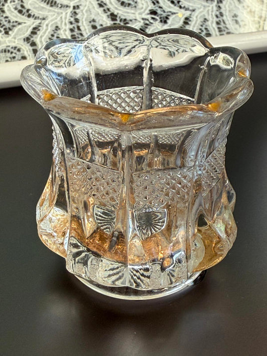 Vintage crystal Pressed glass toothpick holder Scalloped Top Gold Trimmed