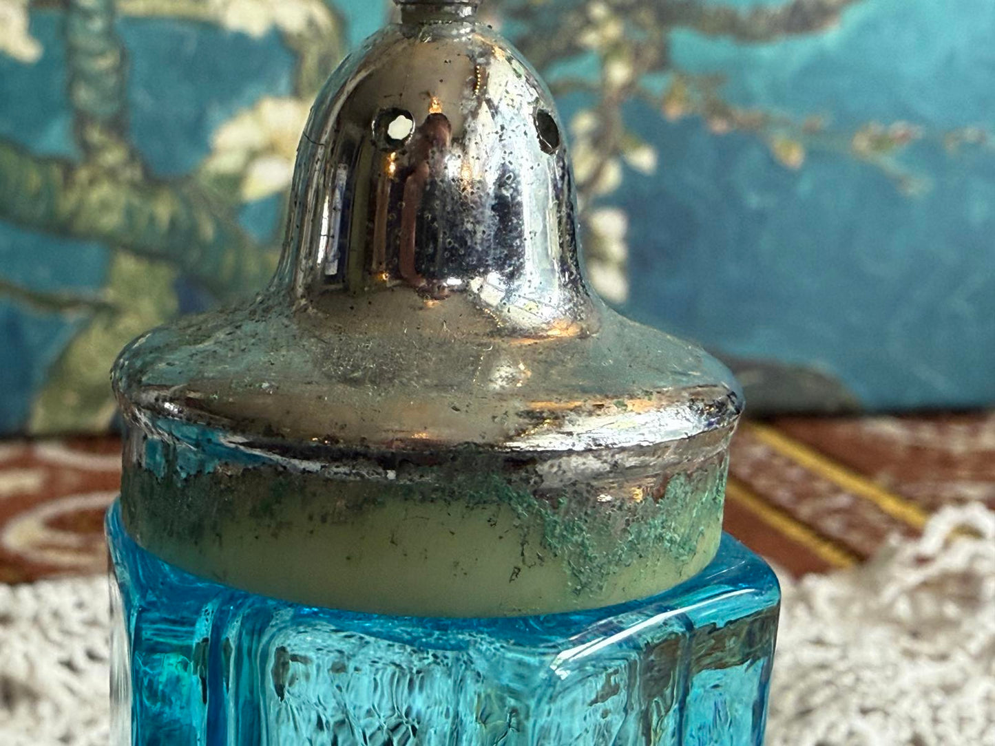 Vintage Aqua Blue Glass Salt & Pepper Shakers Indiana Glass Diamond