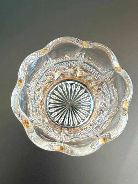 Vintage crystal Pressed glass toothpick holder Scalloped Top Gold Trimmed