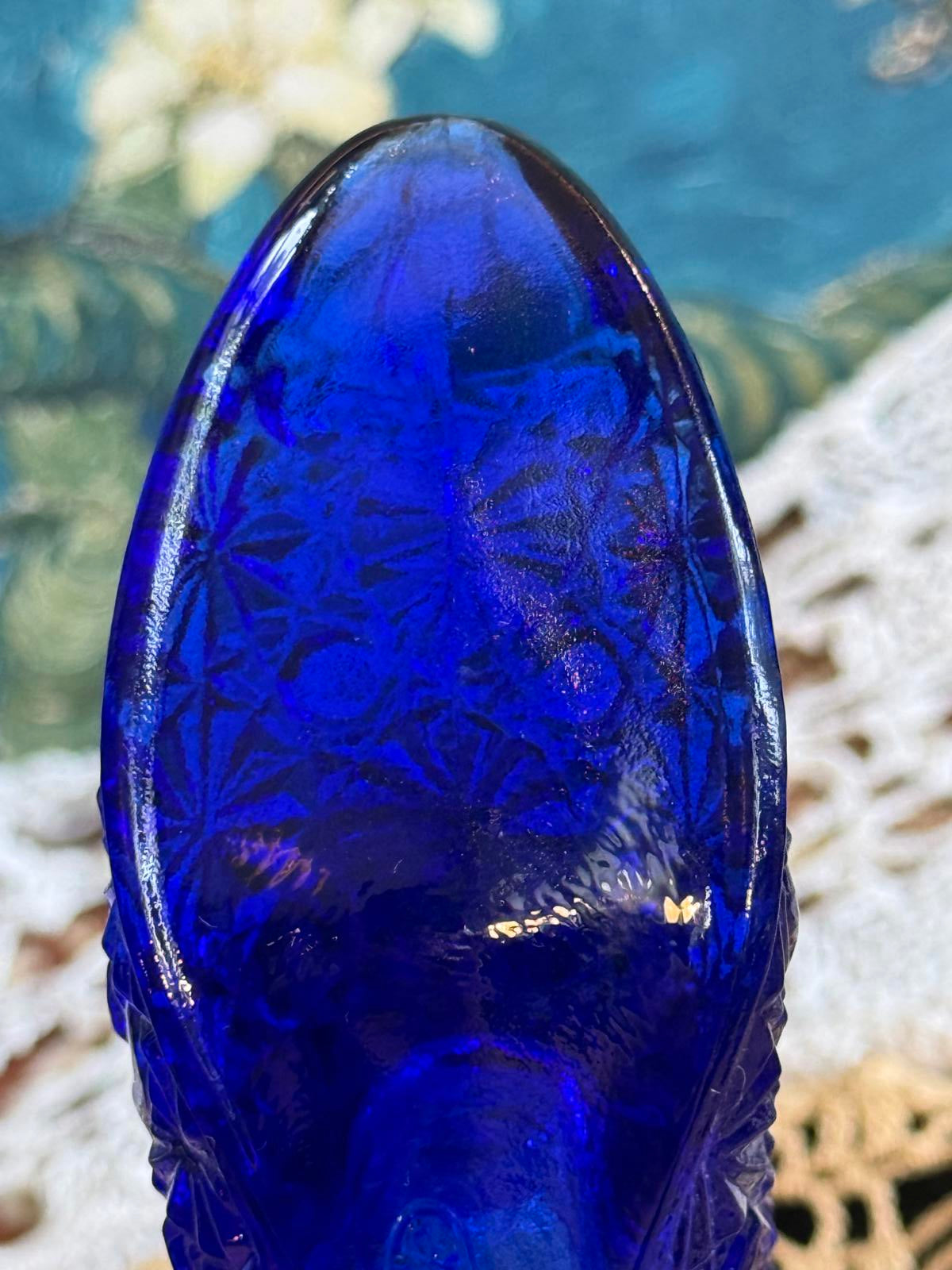 Vintage Fenton Art Glass Cobalt Daisy Button Cat Head Slipper Great condition