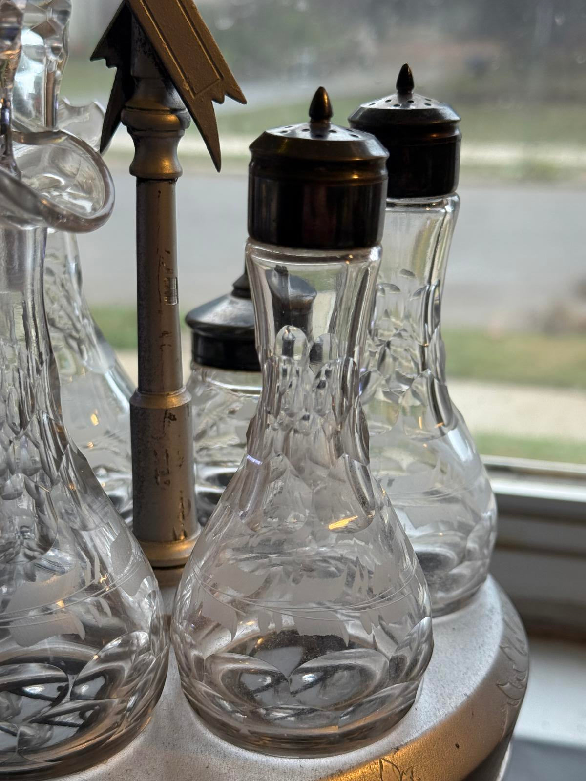 Vintage Glass Condiment Set with Cruets Wilcox Quad Silver plated 1800's