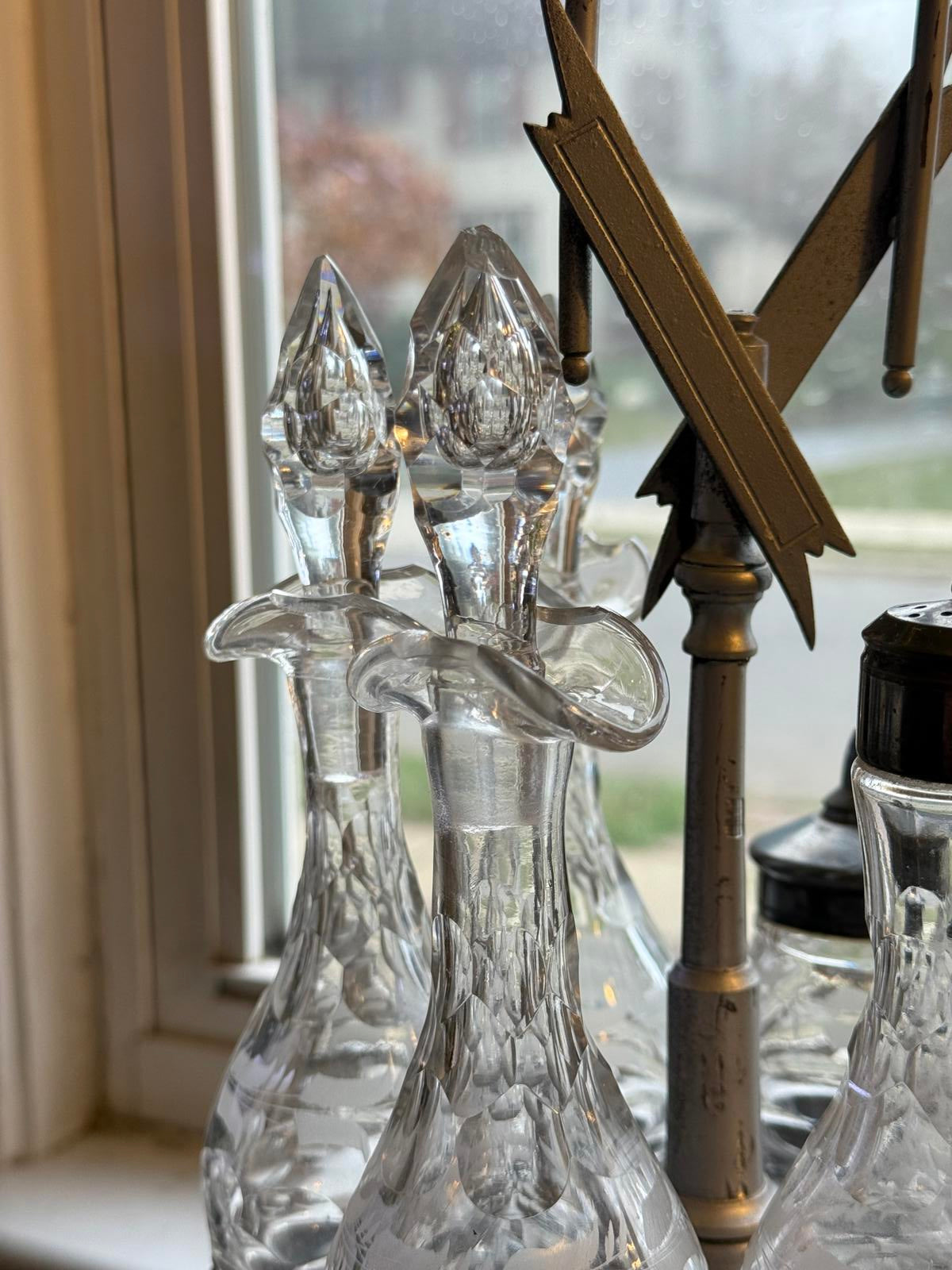 Vintage Glass Condiment Set with Cruets Wilcox Quad Silver plated 1800's