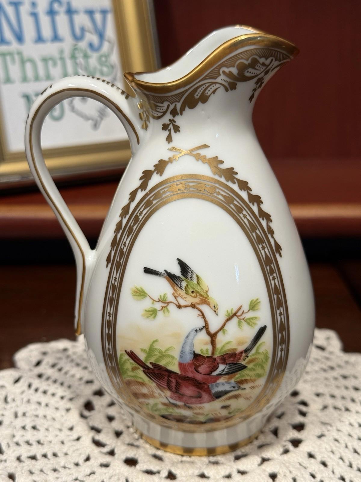 The Franklin Mint Fine Porcelain Creamer Pitcher Floral & Birds Gold Gilt