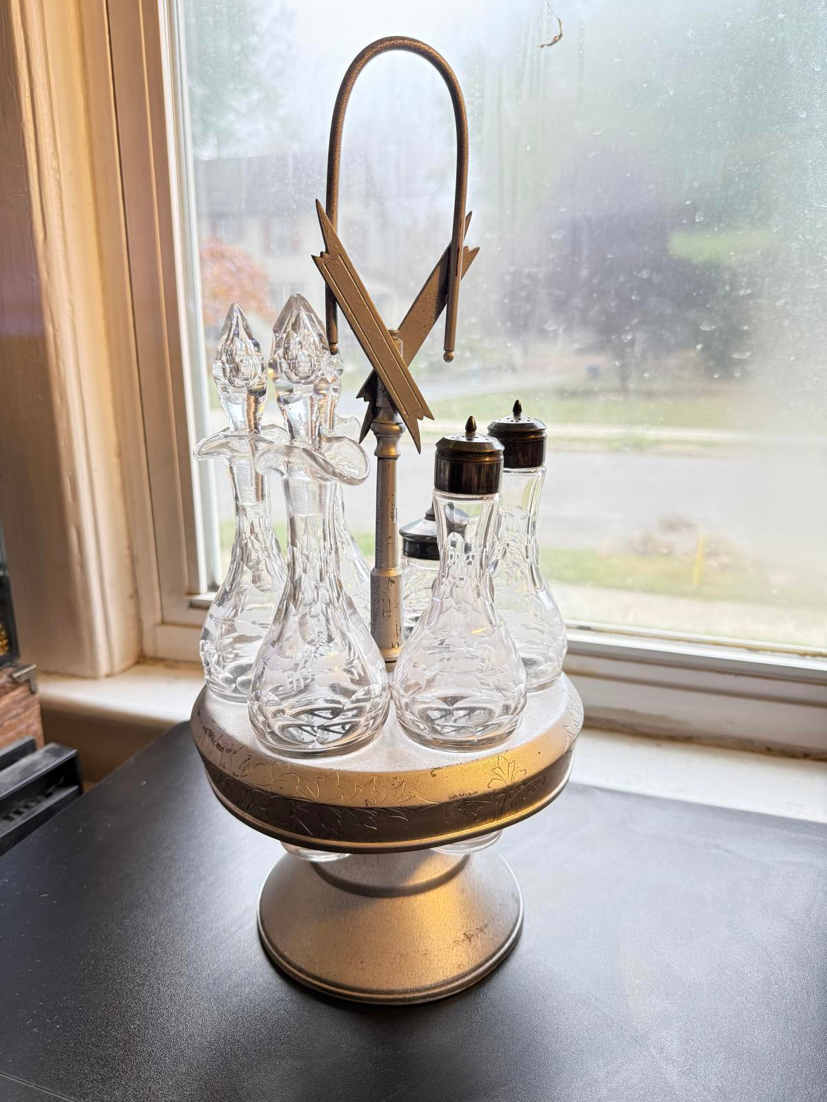 Vintage Glass Condiment Set with Cruets Wilcox Quad Silver plated 1800's