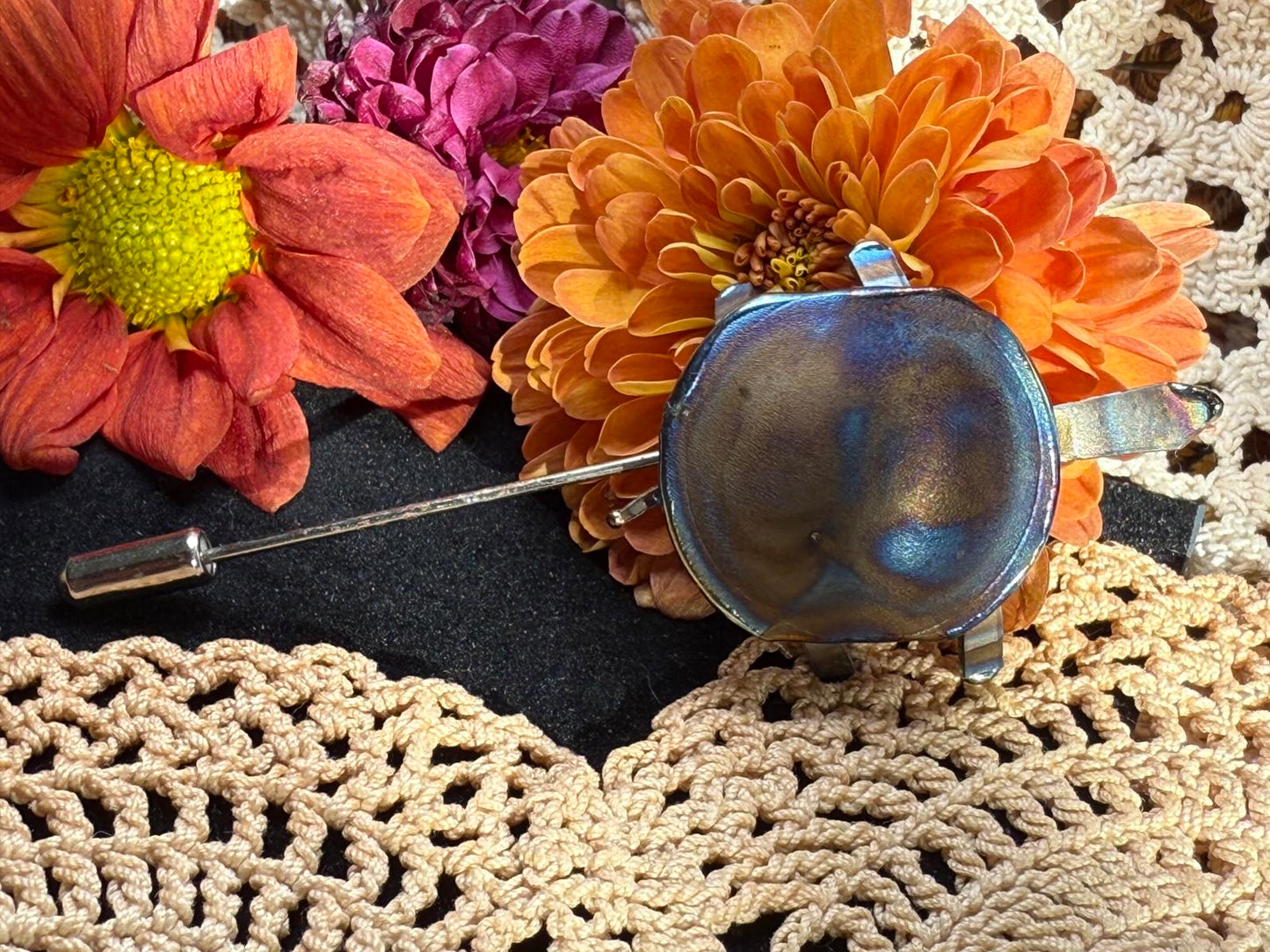 Vintage Turtle Brooch Pin patina metal hand made