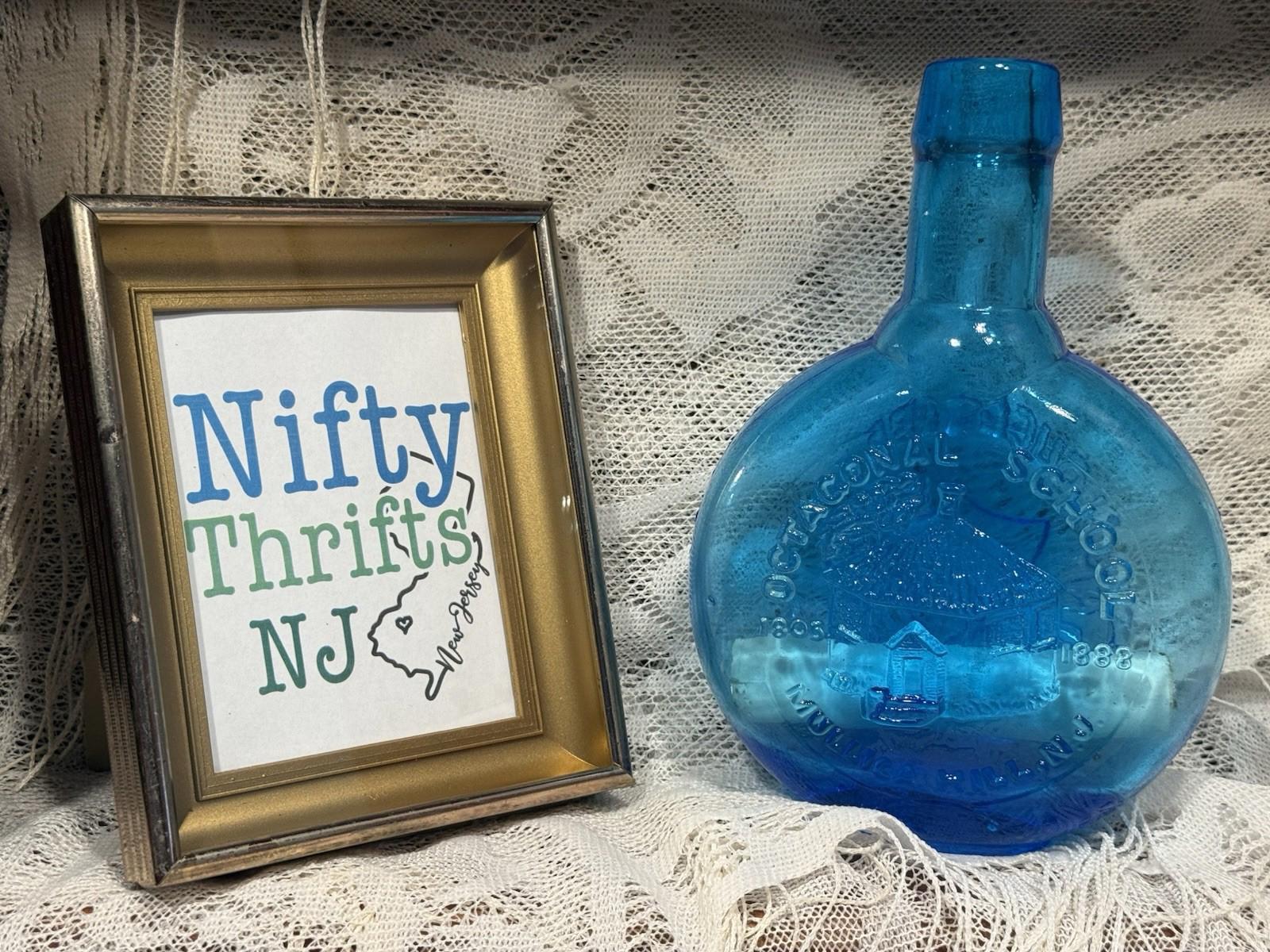 Clevenger Brothers glass bottle Octoganal School Mullica Hill NJ blue w/ scroll