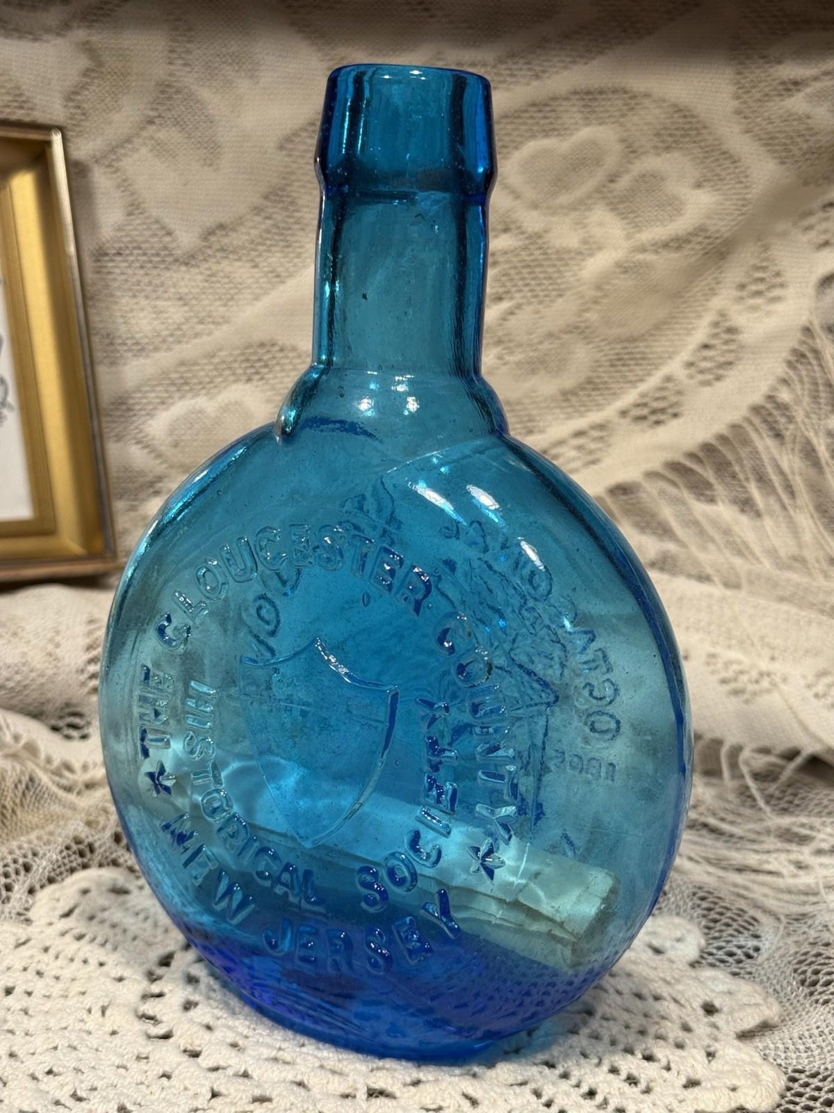 Clevenger Brothers glass bottle Octoganal School Mullica Hill NJ blue w/ scroll