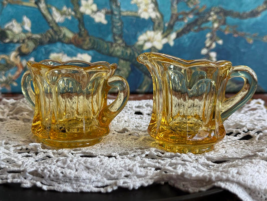 Old Williamsburg Yellow Imperial Glass Mini Creamer & Open Sugar Bowl Handles
