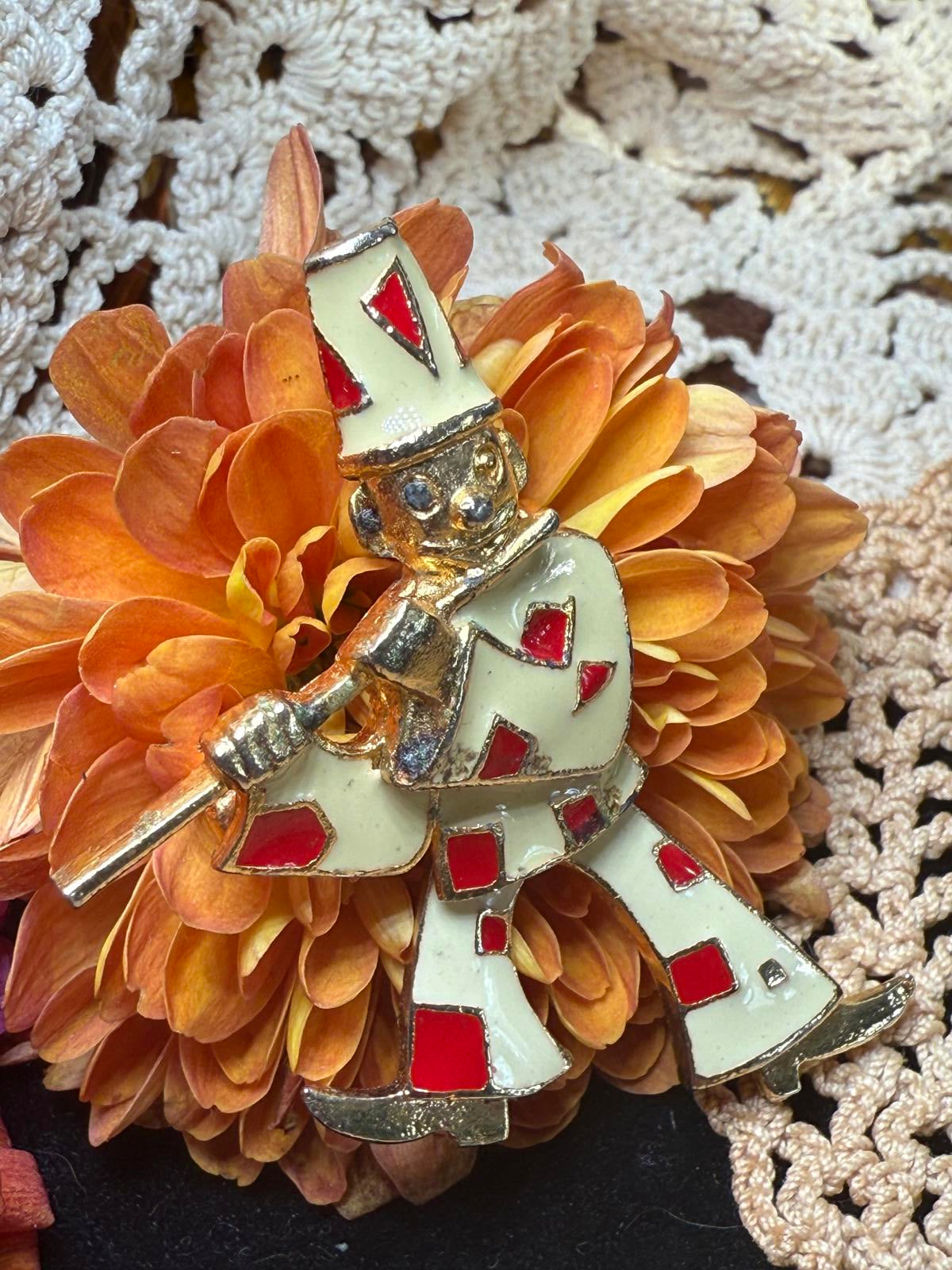 Vintage Articulated Clown White & Red Enamel on Gold Tone Brooch Pin