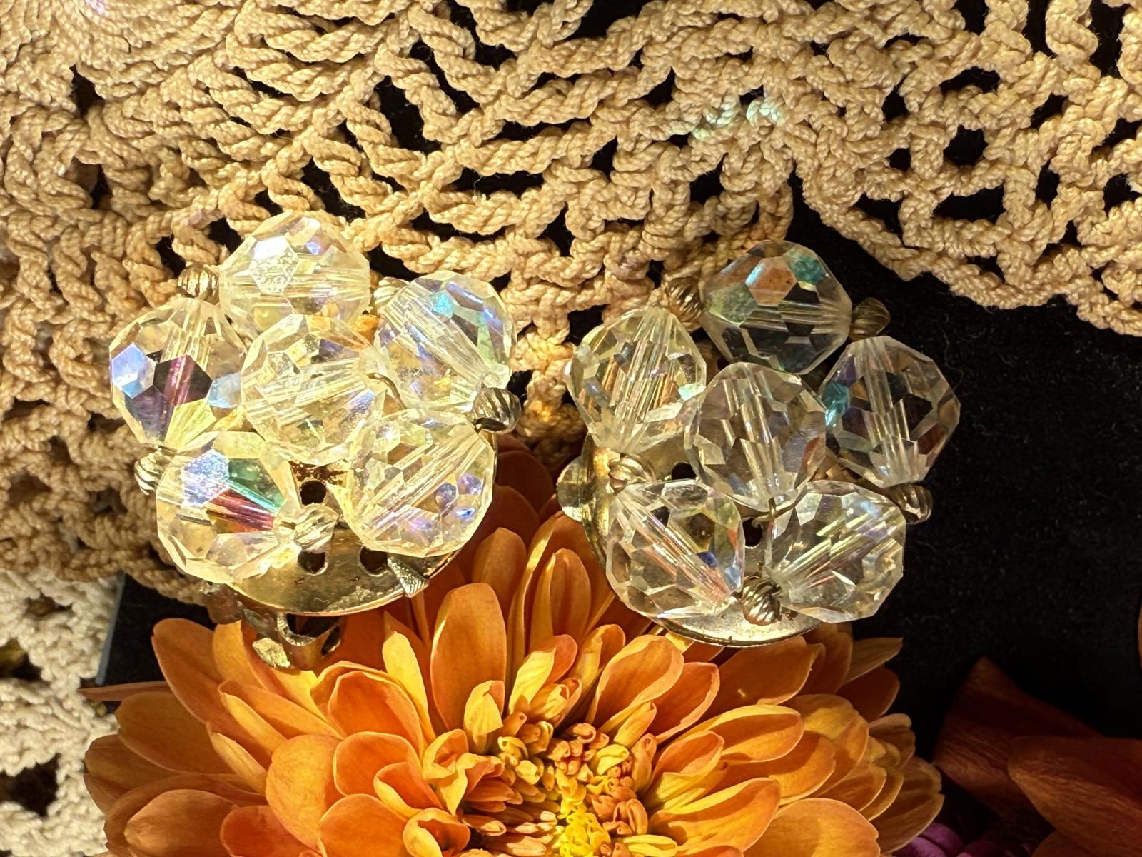 Vintage 1950s Aurora Borealis Crystal Clip Earrings