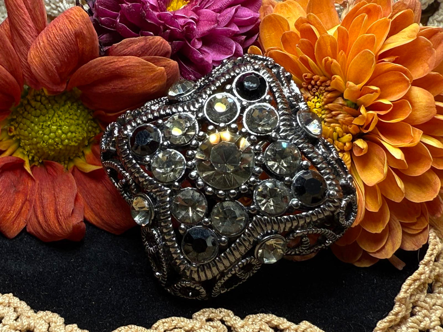 Vintage Premier Designs Signed Brooch/Pin/Pendant Smoky Grey Black Rhinestones