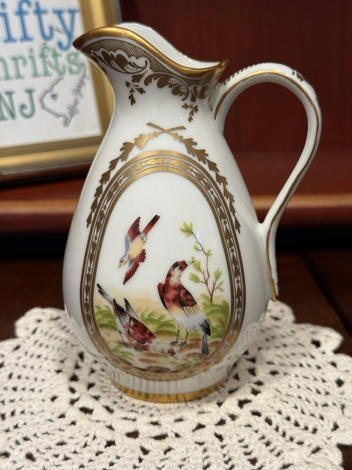 The Franklin Mint Fine Porcelain Creamer Pitcher Floral & Birds Gold Gilt