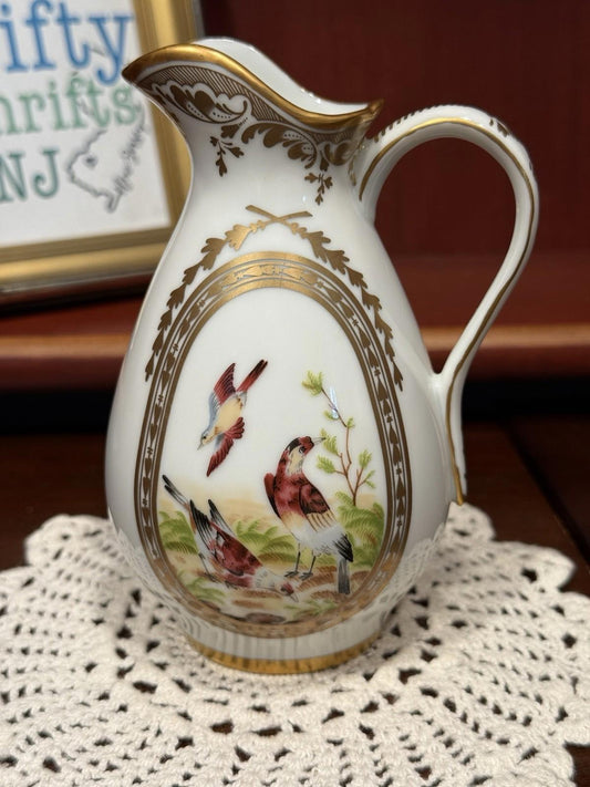 The Franklin Mint Fine Porcelain Creamer Pitcher Floral & Birds Gold Gilt