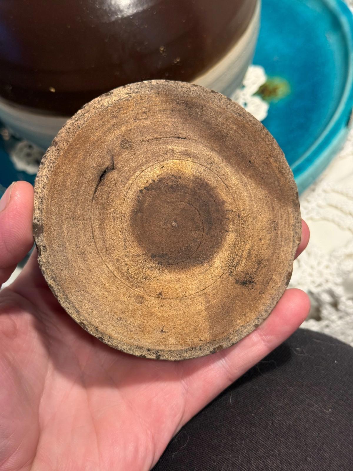 Vintage Bean Pot hand thrown clay pottery two tone with small chips on lid