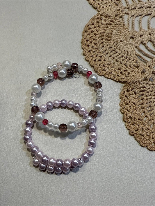 Memory Wire Faux Pearls, Clear Purple And Pink ADJUSTABLE Bracelets Pair Of 2